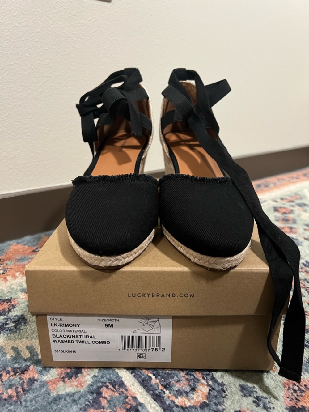 Lucky Brand Black Ankle-Tie Espadrille Wedges